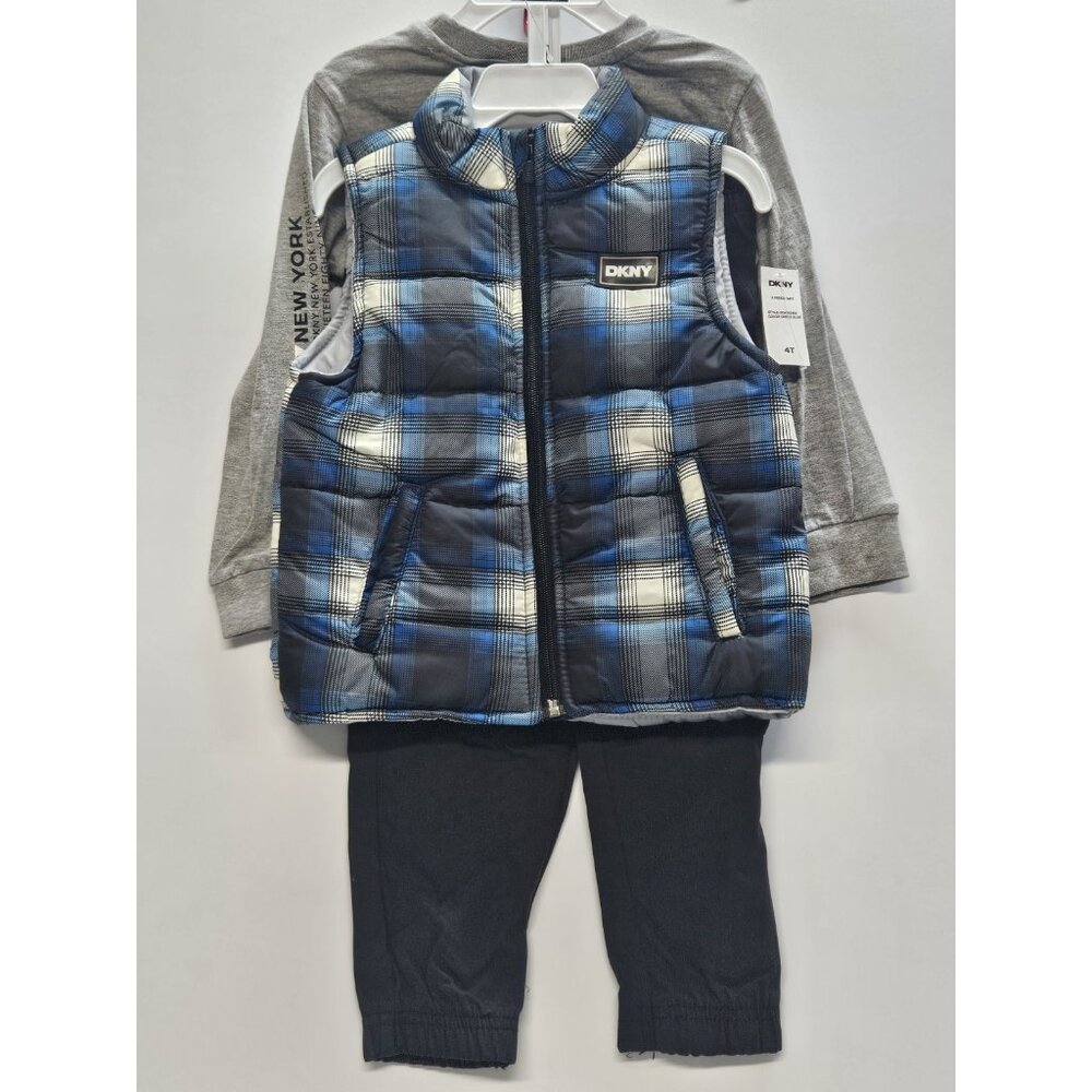 DKNY  Size 4T Set Of 3, Plaid Blue Vest/ Black‎ Pants/ Grey Long Sleeve Printed